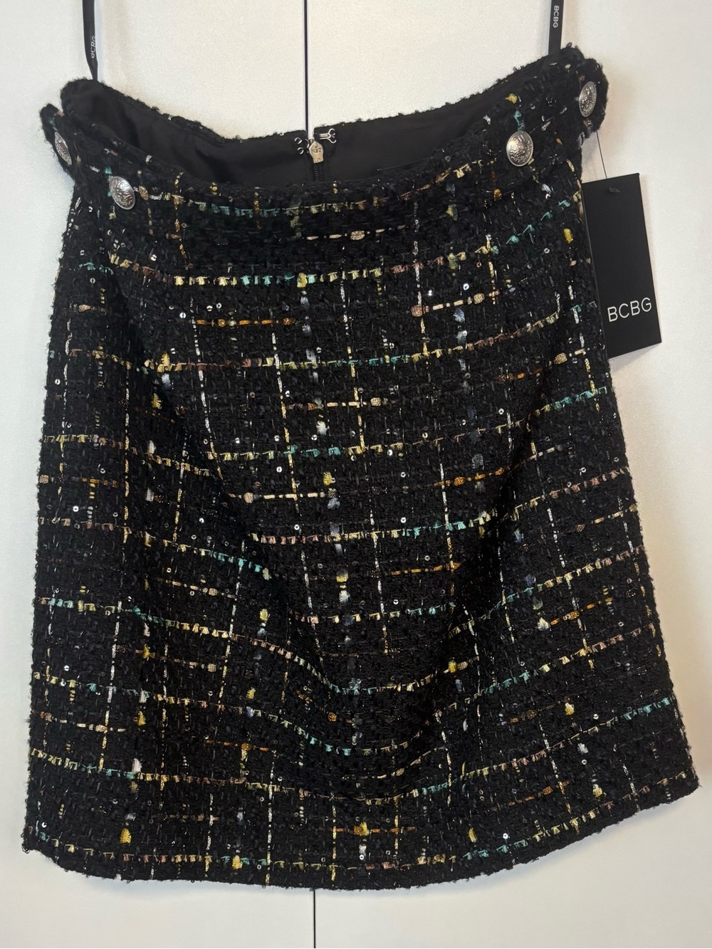 BCBG Black Tweed A-Line Mini Skirt with Metallic Thread Accents